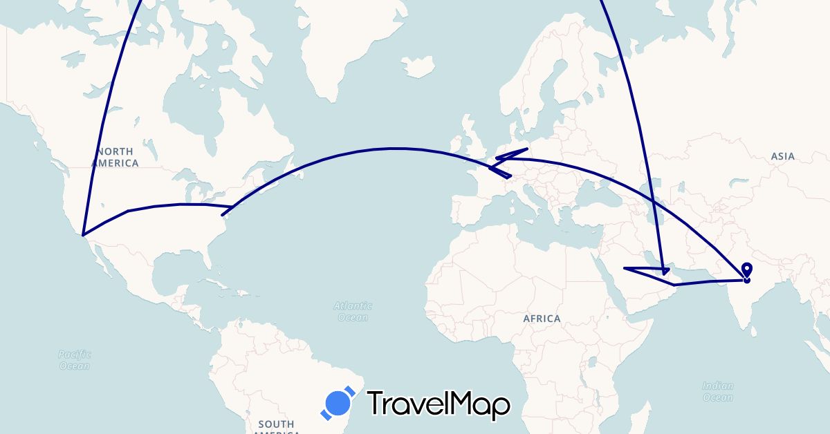 TravelMap itinerary: driving in United Arab Emirates, Belgium, Switzerland, Germany, France, India, Oman, Saudi Arabia, United States (Asia, Europe, North America)
